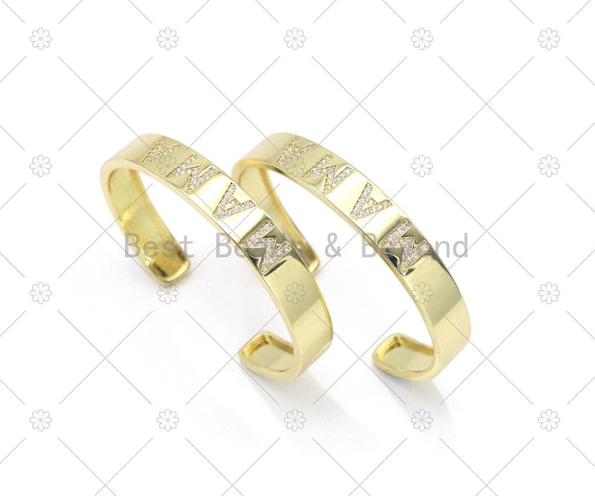 CZ Mirco Pave MAMA Word Open Cuff Bracelet, 18K Gold Filled