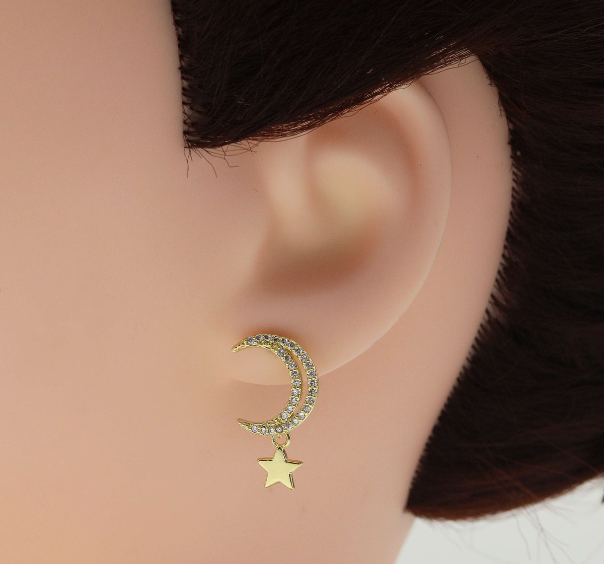 CZ Cresent Moon with Dangle Star Stud Earrings, Sku#LD301