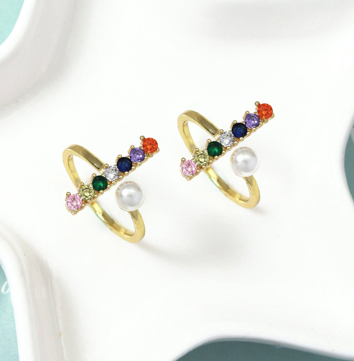 Colorful CZ Gold Bar Pearl Stackable Ring, Sku#JL139