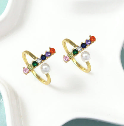 Colorful CZ Gold Bar Pearl Stackable Ring, Sku#JL139
