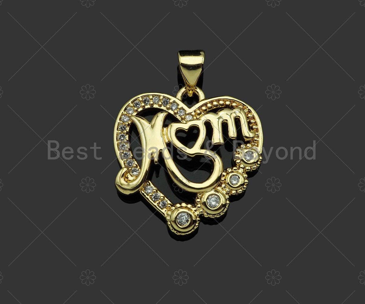 Gold Filled CZ Micro Pave Mom On Heart Shape Pendant, 18K Gold Filled Charm, Mother's Day Gift, Necklace Bracelet Pendant,19x20mm,Sku#LD118
