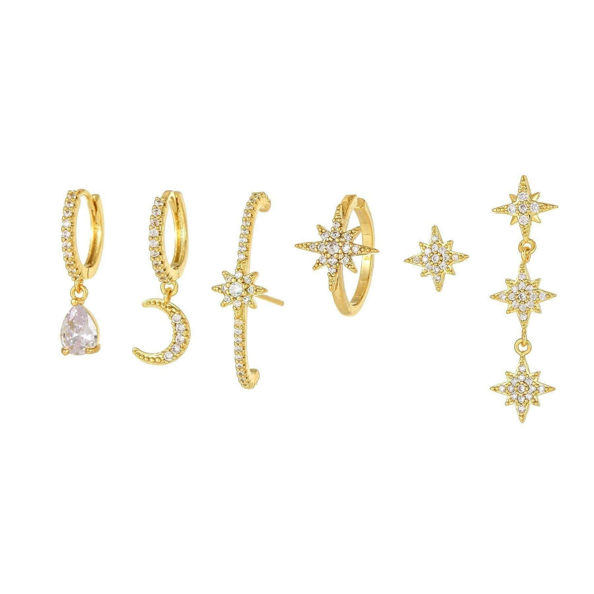 Multi Sets of Chic Star&Moon Earrings, 3-6pcs, 18k Gold Plated Stud Drop Hoop Huggie Cuff Chain, S925 Needle