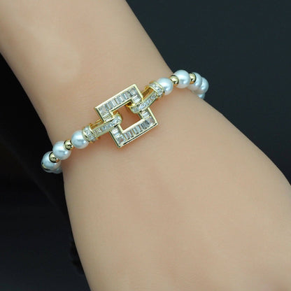Pearl Gold Spacer Square Clasp Bracelet , Sku#LD475C