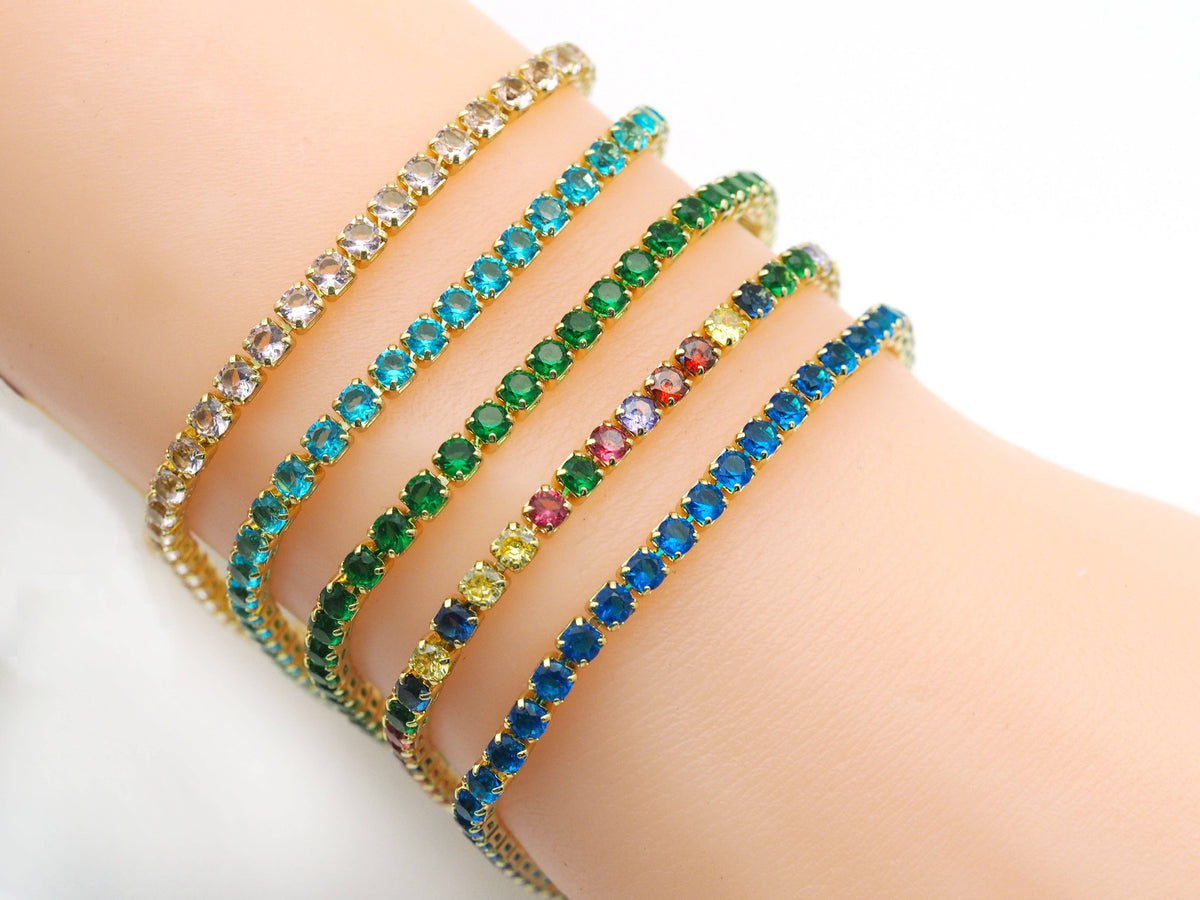 Colorful CZ Gold Tennis Chain Bracelet, Sku#LD346