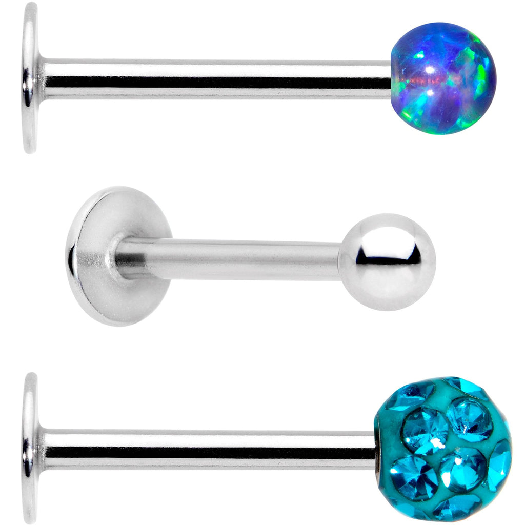 16G 3/8 Teal Faux Opal Ball Labret Monroe Tragus 3 Pack Set