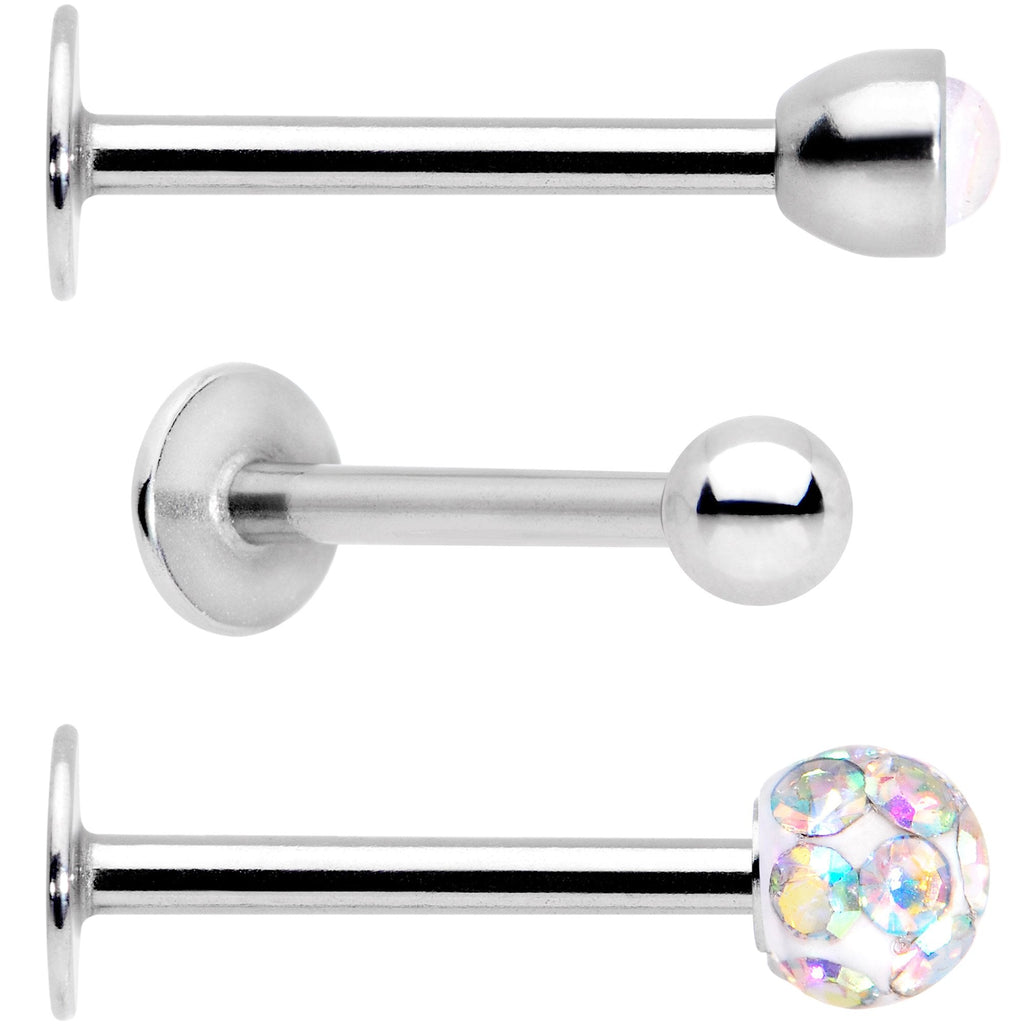 16G 3/8 Aurora Press Fit Faux Opal Labret Monroe Tragus 3 Pack Set