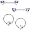14G Clear CZ Gem Heart Twisted BCR Ring Barbell Nipple Ring Set