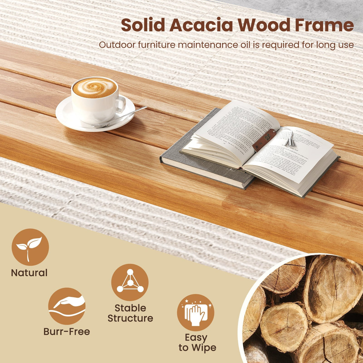 63 Inch 3-Person Acacia Patio Wood Outdoor Backless Bench