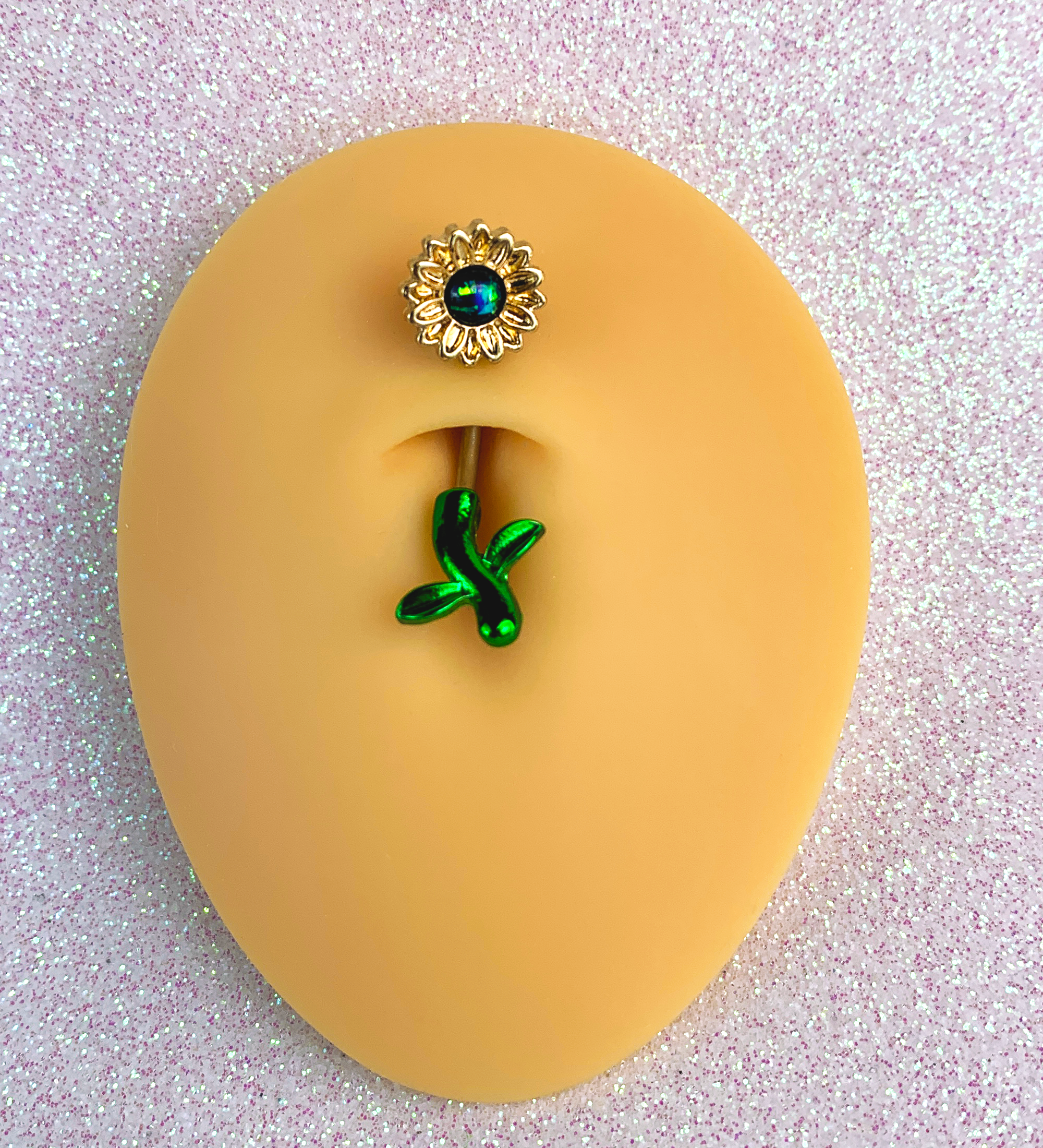 Green Faux Opal Yellow Sunflower Leaf Double Mount Belly Ring