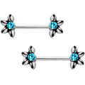 9/16 Aqua CZ Blooming Flower Barbell Nipple Ring Set