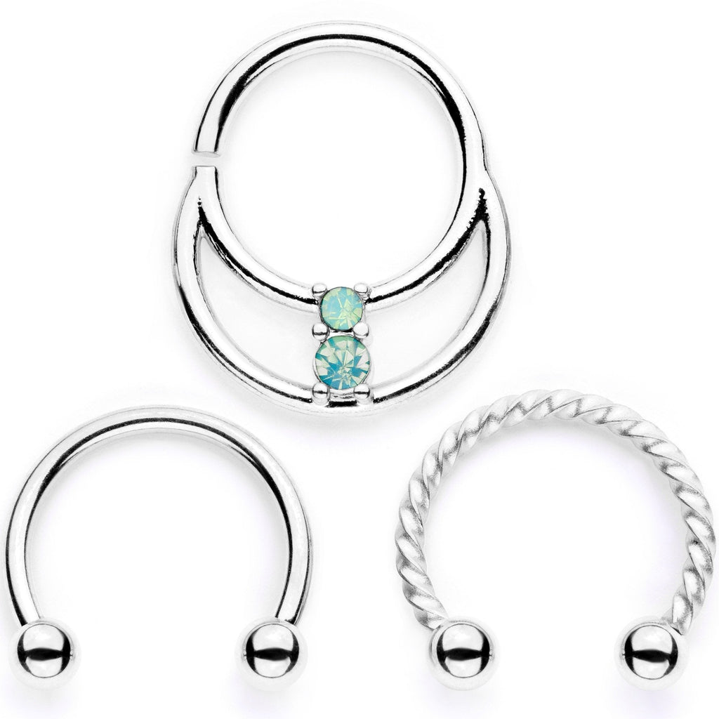 16G 3/8 Teal Faux Opal Twisted Horseshoe Closure Ring Set