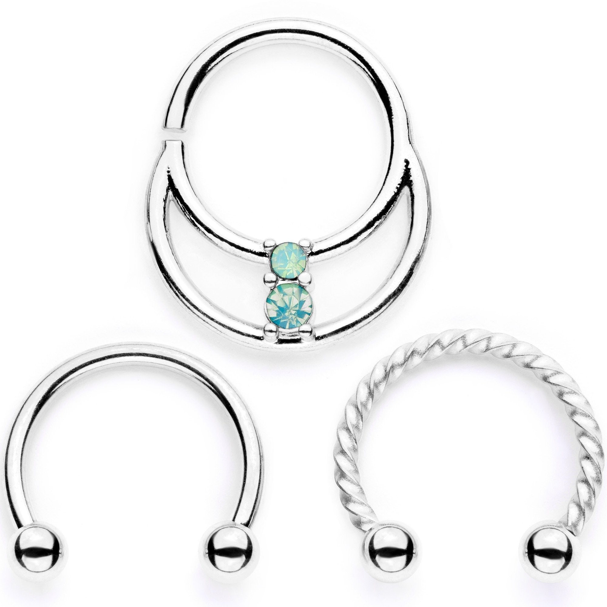 16G 3/8 Teal Faux Opal Twisted Horseshoe Closure Ring Set