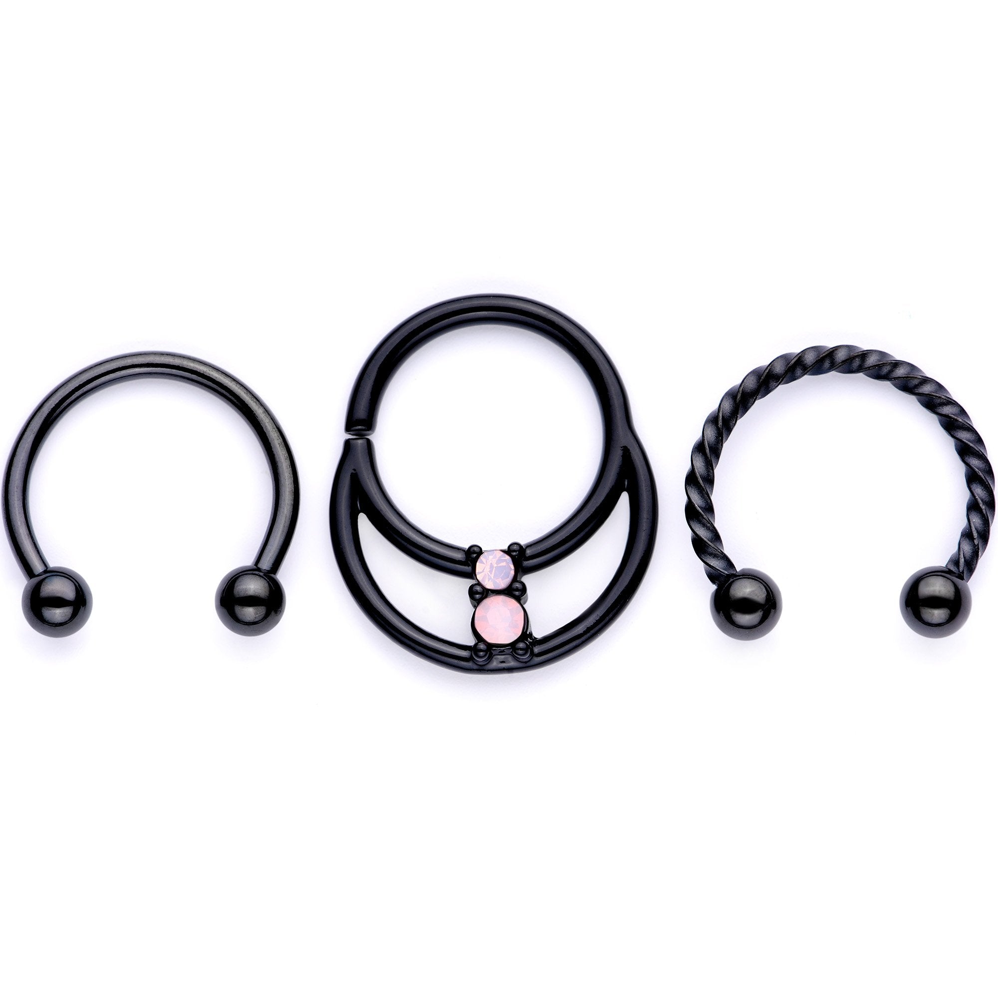 16G 3/8 Pink Faux Opal Black Anodized Horseshoe Closure Ring Set