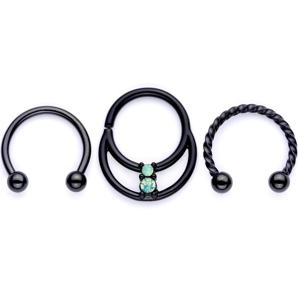 16G 3/8 Teal Faux Opal Black Anodized Horseshoe Closure Ring Set