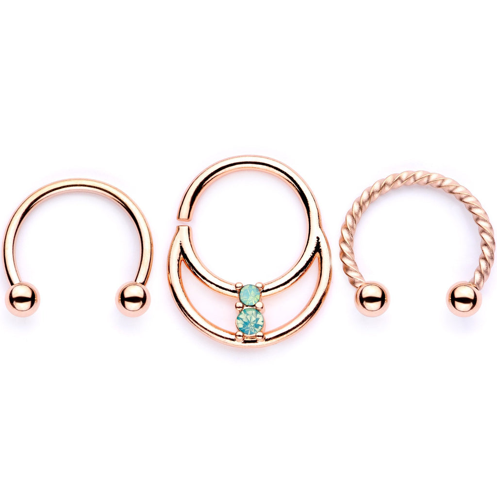 16G 3/8 Teal Faux Opal Rose Gold Tone Horseshoe Closure Ring Set