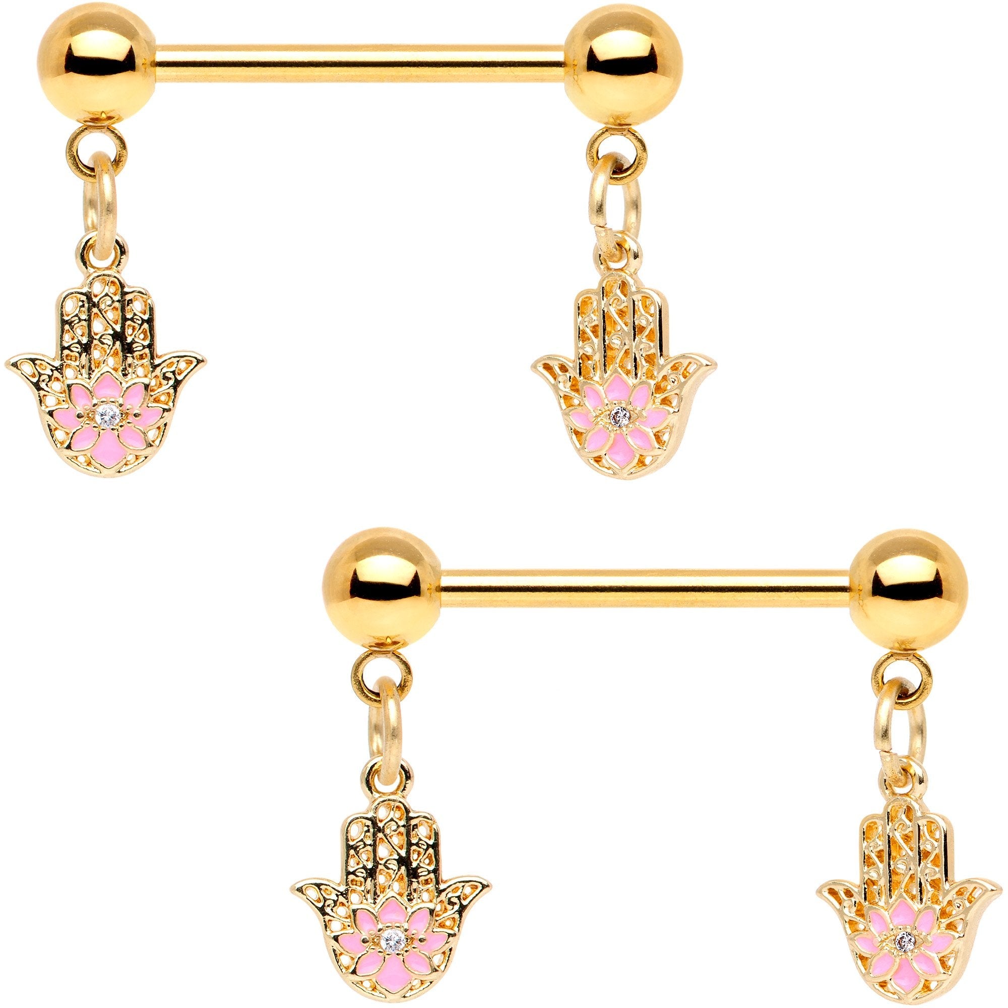 Pink Gem Gold Tone Hamsa Hand Dangle Barbell Nipple Ring Set