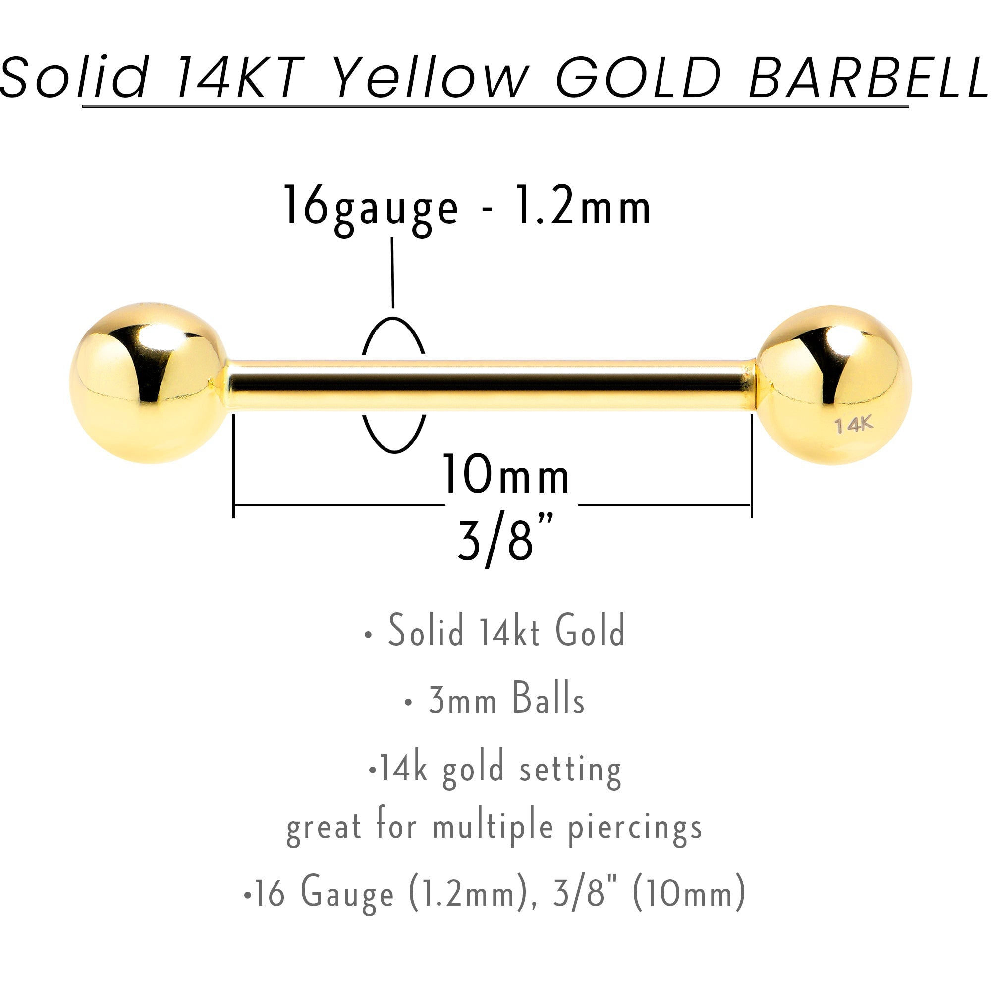 Solid 14k Yellow Gold Barbell Straight Barbell Ring 16G 3/8 3mm