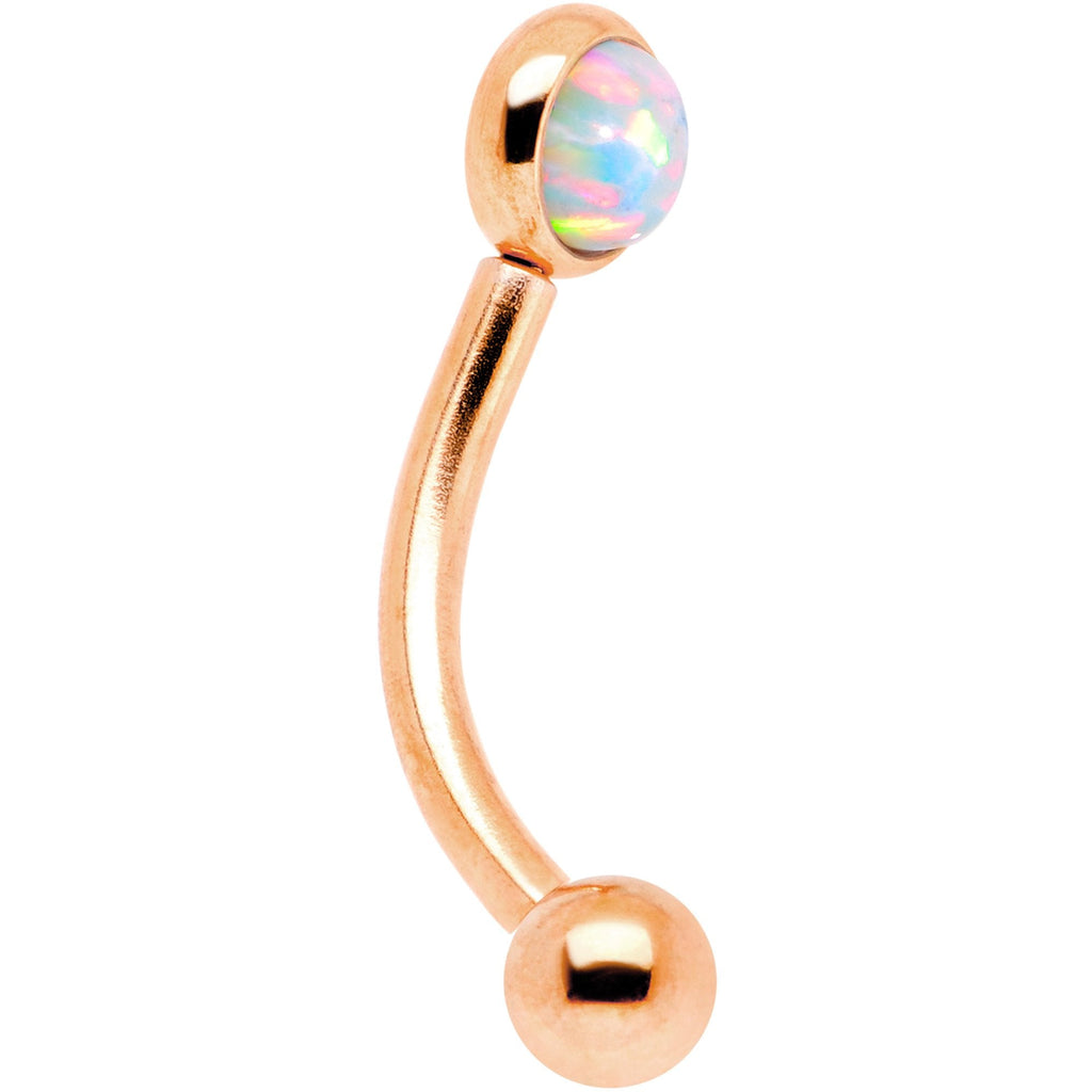 16G 5/16 White Synthetic Opal Flat Set Rose Gold IP Curved Eyebrow Rook Piercing