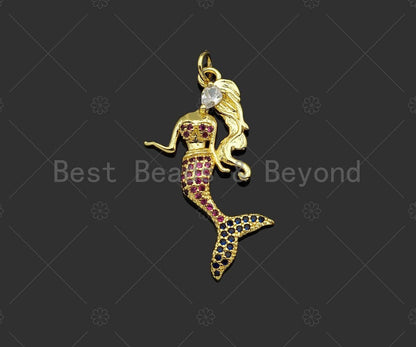Gold Filled Fuchsia CZ Micro Pave Mermaid Shape Pendant, 18K Gold Filled Mermaid Charm, Necklace Bracelet Charm Pendant,16x33mm,Sku#LK363