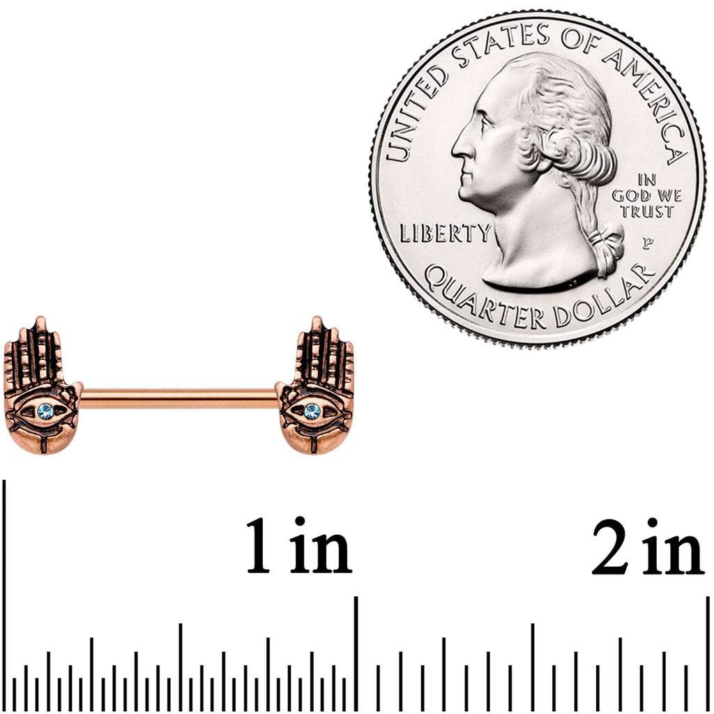 9/16 Aqua Gem Rose Gold Tone Hamsa Hand Barbell Nipple Ring Set