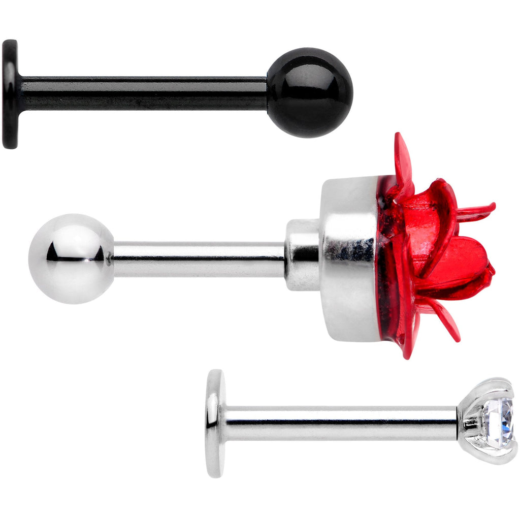 16G 1/4 Clear Gem Red Rose Flower Cartilage Tragus Earring Set of 3