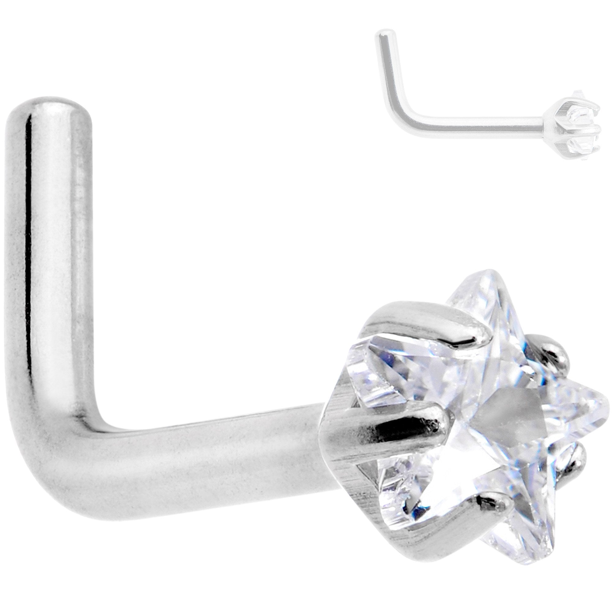 18G Clear 3mm CZ Star Gem Grade 23 Titanium L Shaped Nose Ring