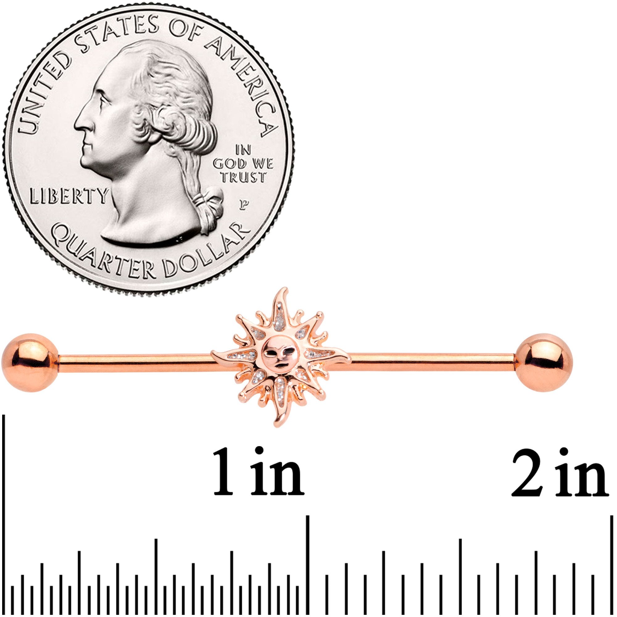 14G Rose Gold Tone Happy Sun Industrial Barbell 38mm