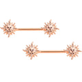 14G 5/8 Glitter Inlay Rose Gold Tone Sun Barbell Nipple Ring Set