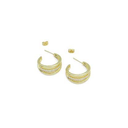 Baguette CZ Gold Multiline Hoop Stud Earrings, Sku#LD664