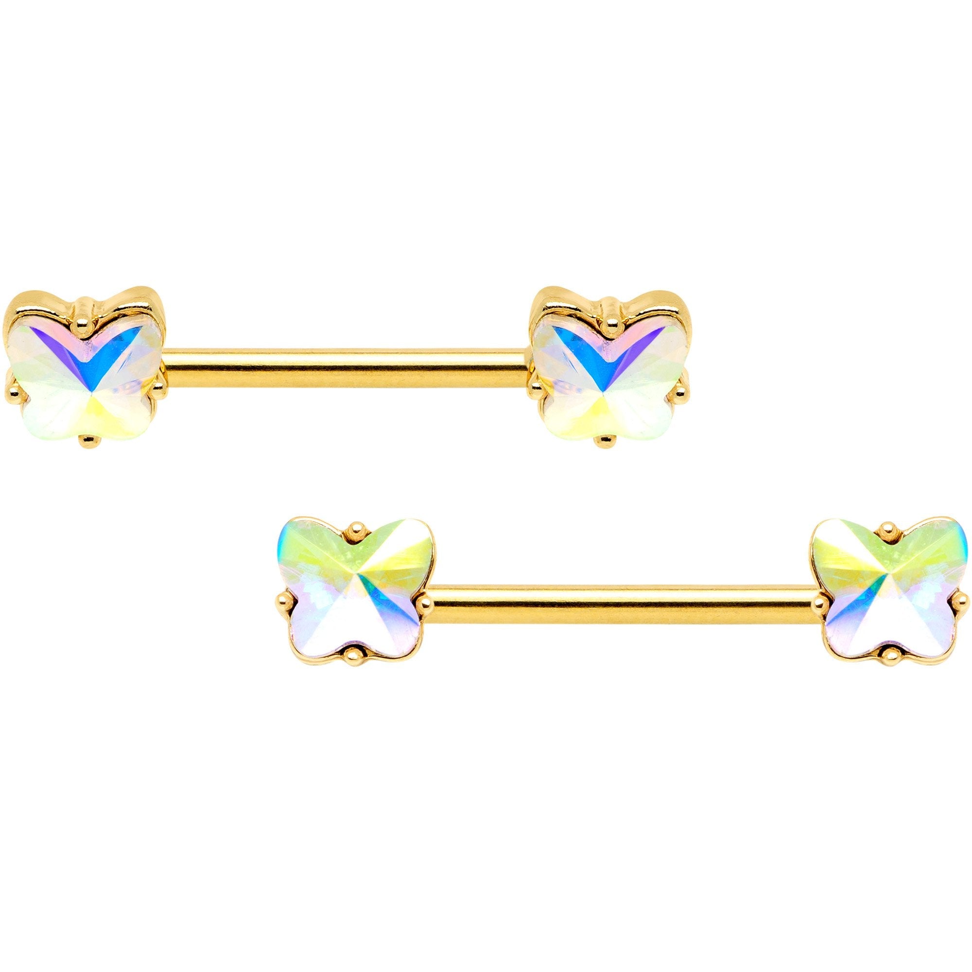 14G Aurora Gem Butterfly Gold Tone BCR Nipple Ring Set