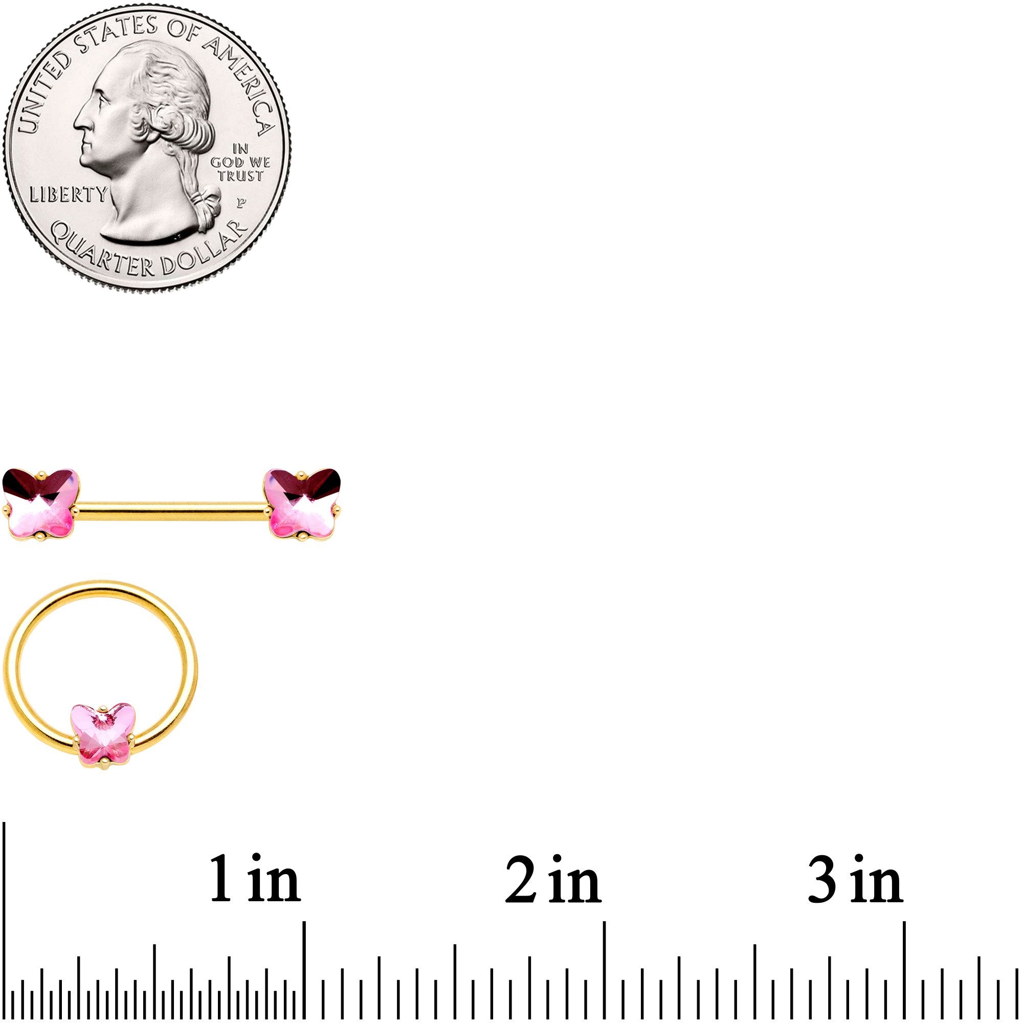 14G Pink Gem Butterfly Gold Tone BCR Barbell Nipple Ring Set
