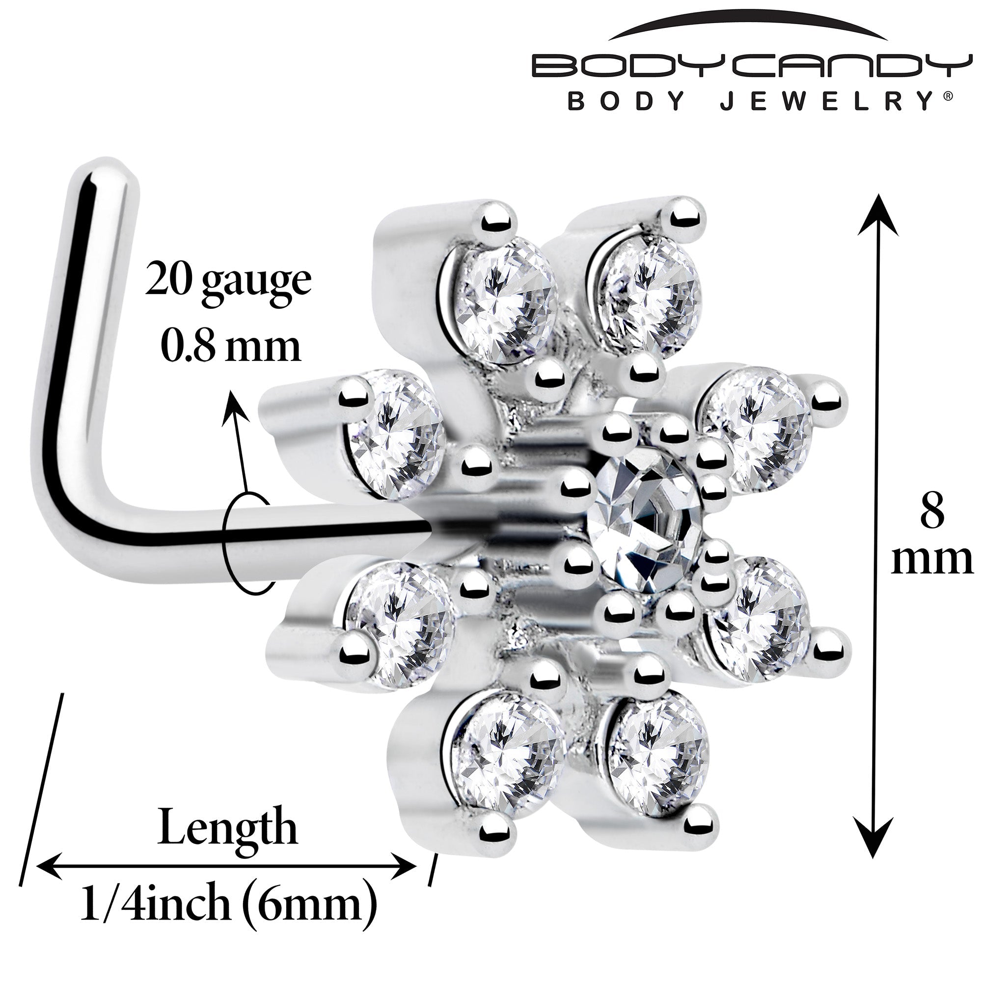 20G 1/4 Clear CZ Gem Flower L Shaped Nose Ring