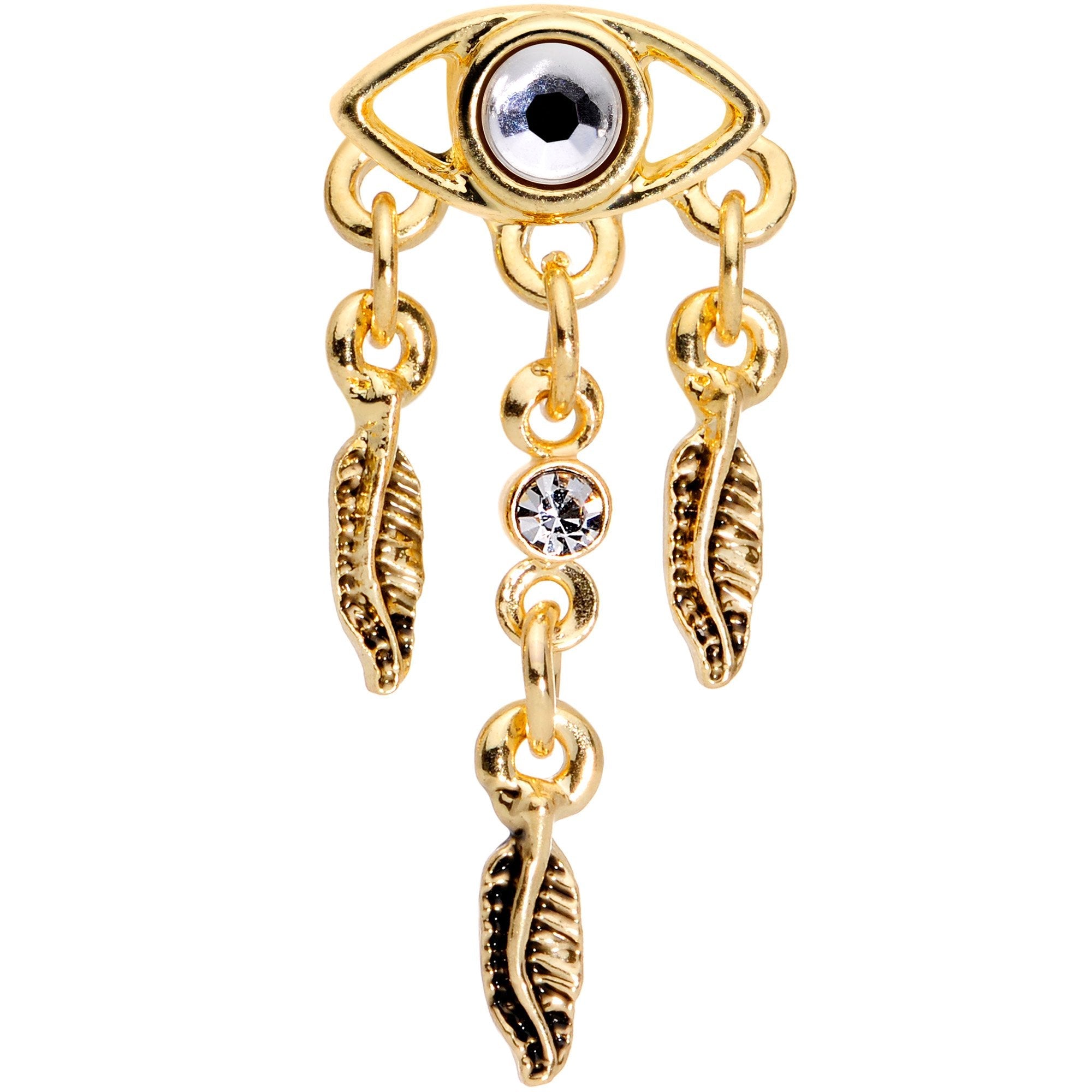 16G 1/4 Clear Gem Gold Tone Eye Feather Cartilage Tragus Earring
