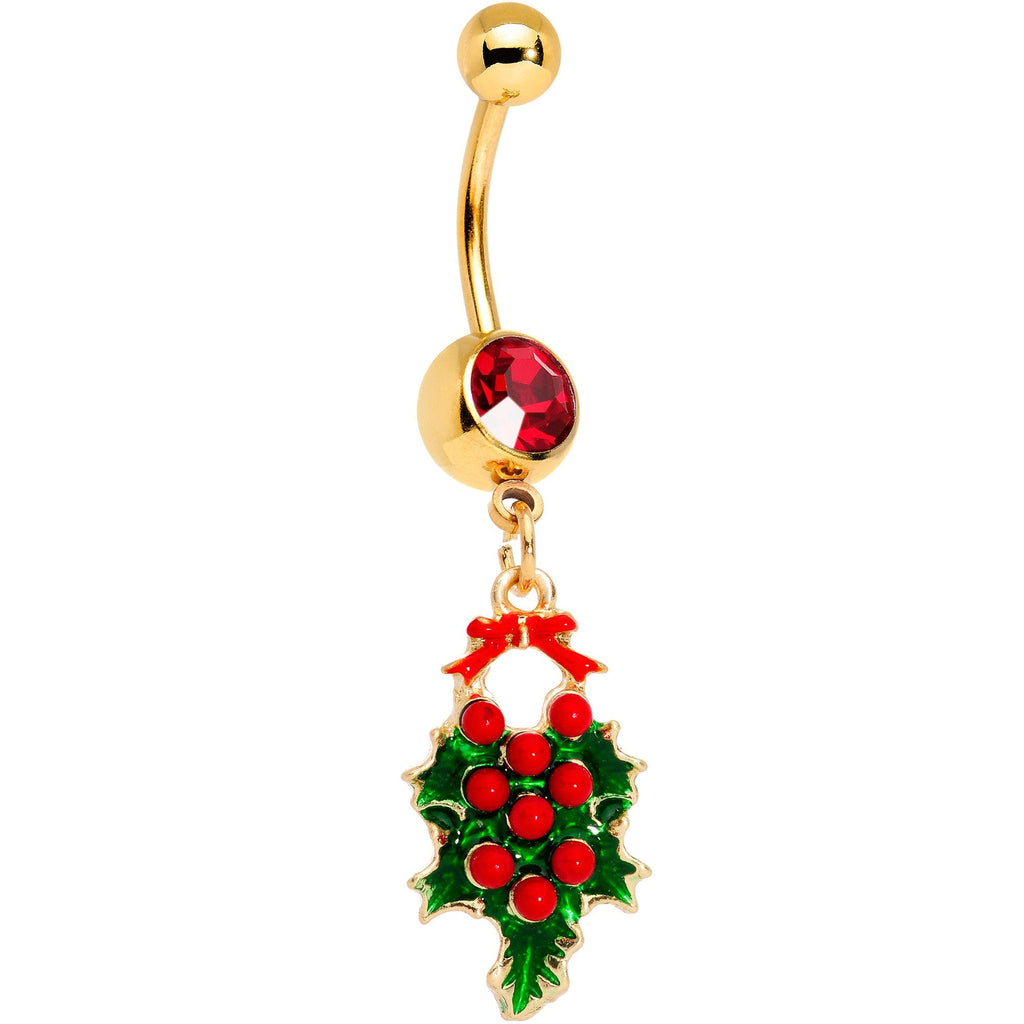 Red Gem Gold Tone Holiday Holly Wreath Dangle Belly Ring