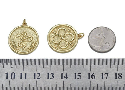 Silver Gold CZ Flower Snake Moon On Round Coin Charm, Sku#LK712