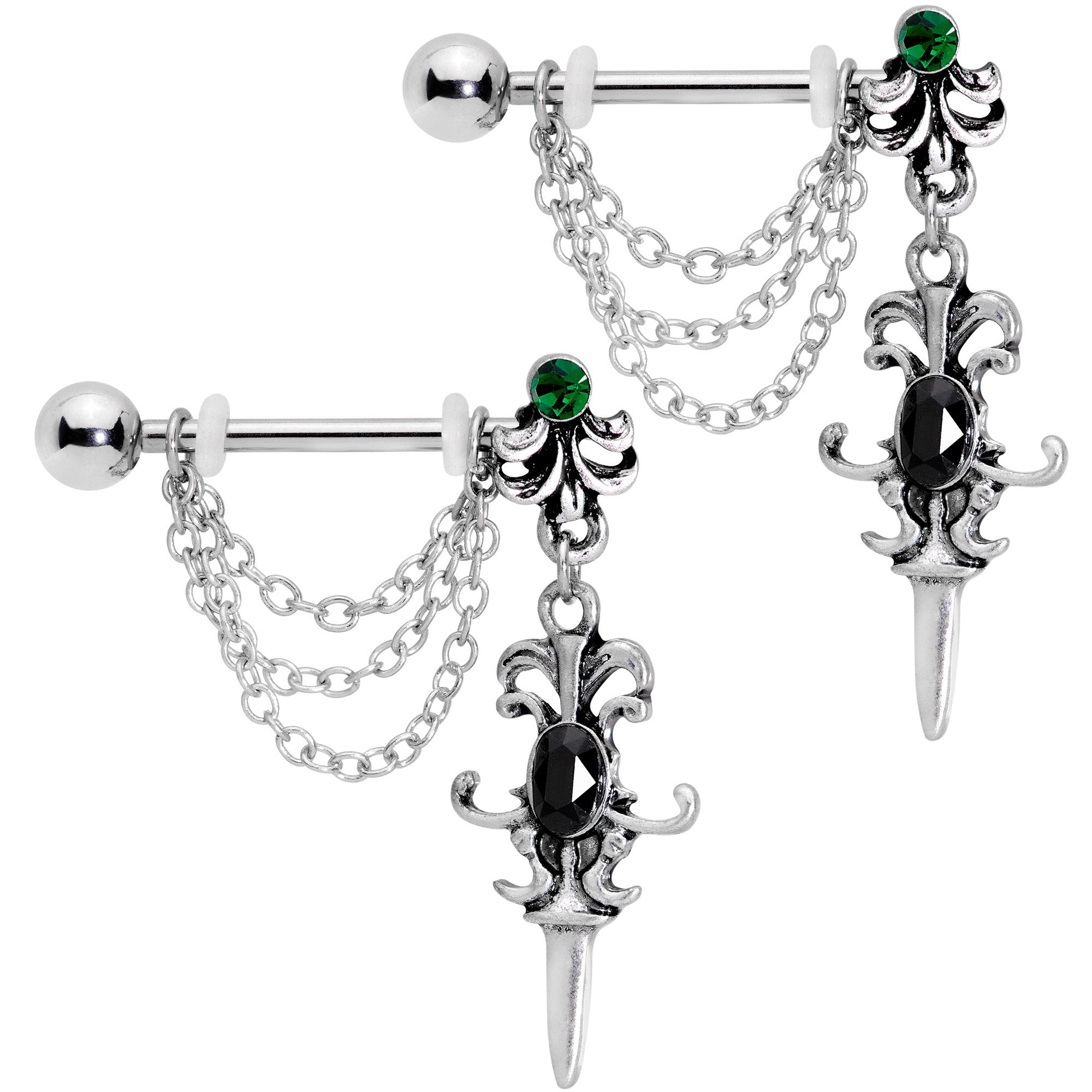 14G 9/16Black Green Gem Chain Sword Barbell Nipple Ring Set