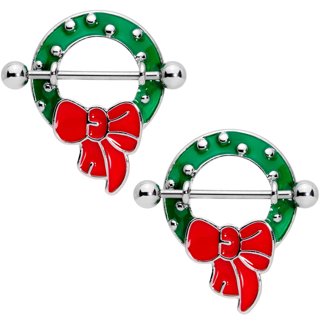 14G 9/16 Holiday Red Bow Wreath Nipple Shield Set
