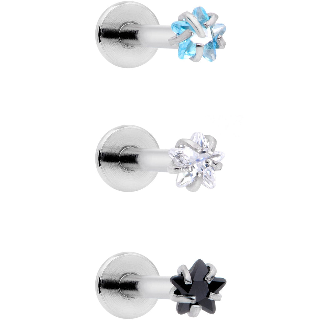 16G 3/8 Clear Black Blue Star CZ Gem Labret Tragus Set of 3
