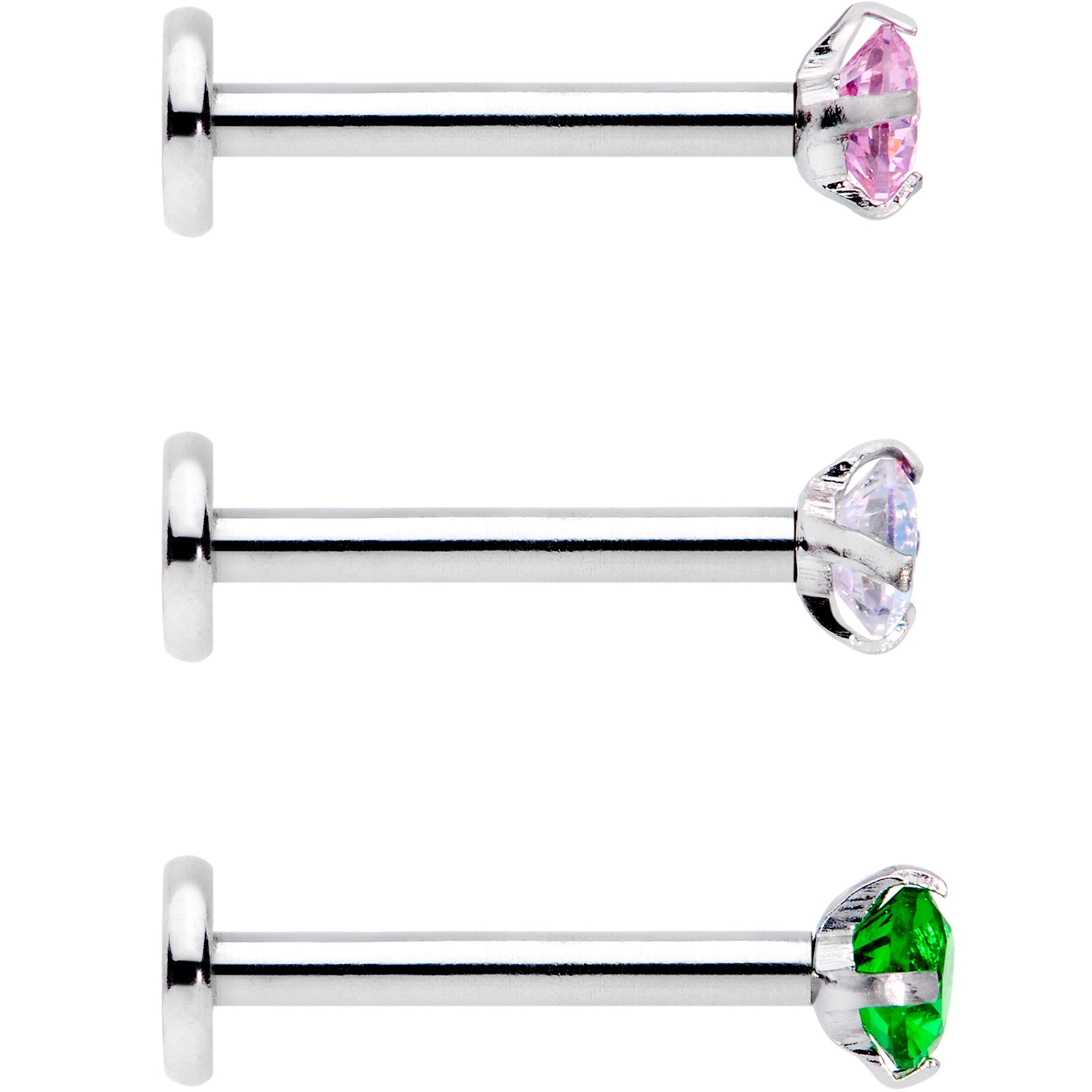 16G 3/8 Pink Aurora Green Round CZ Gem Labret Tragus Set of 3