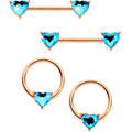 14G Aqua Gem Heart Rose Gold Tone BCR Barbell Nipple Ring Set of 4