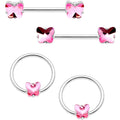 14G 9/16 1/2 Pink Butterfly Gem BCR Barbell Nipple Ring Set