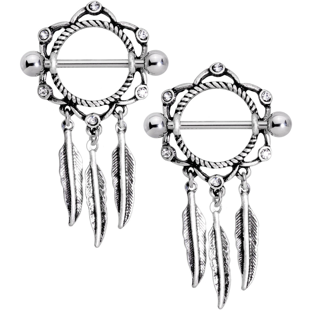 14G 9/16 Clear Gem Lotus Flower Feather Dangle Nipple Shield Set