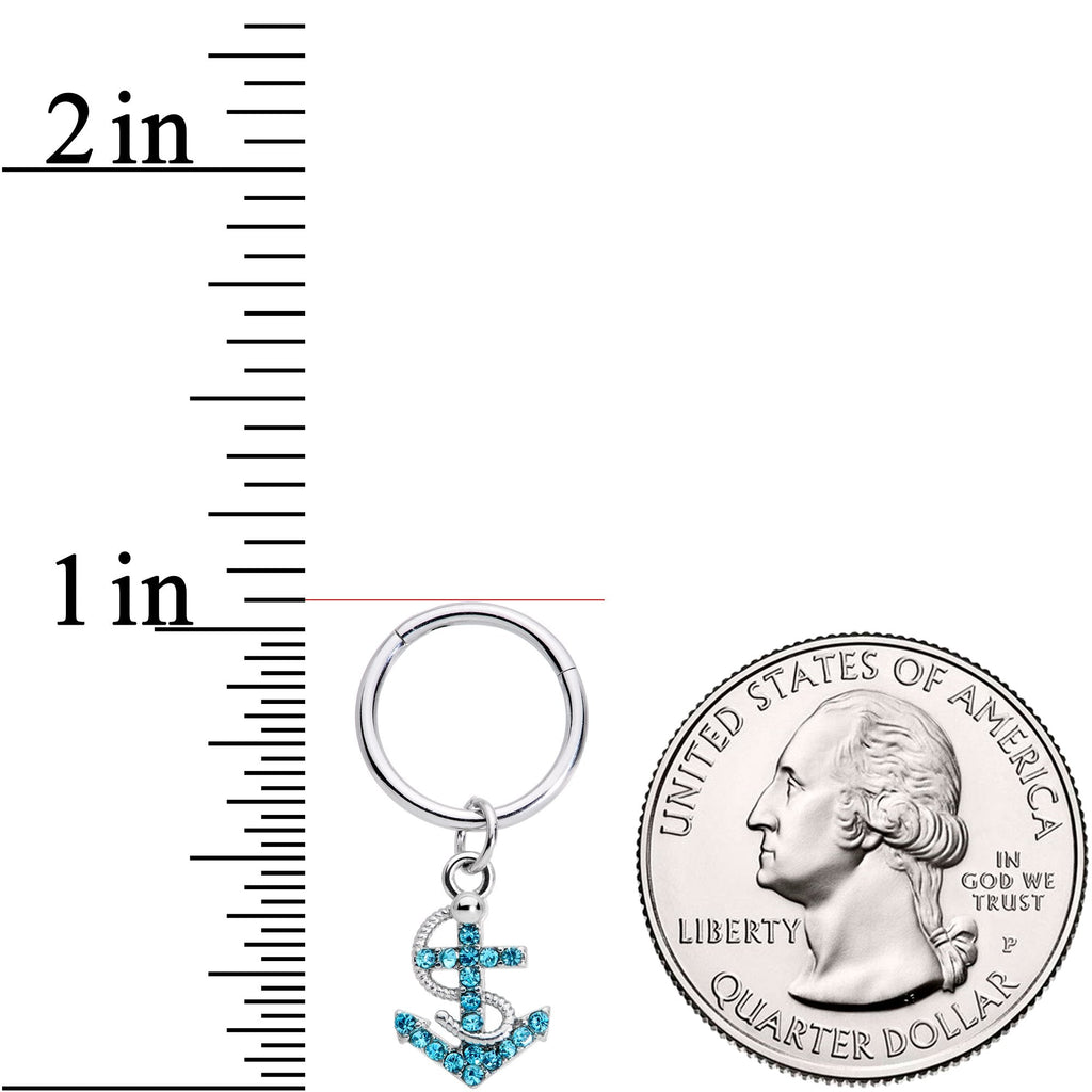 16G 3/8 Aqua CZ Gem Nautical Anchor Hinged Dangle Segment Ring