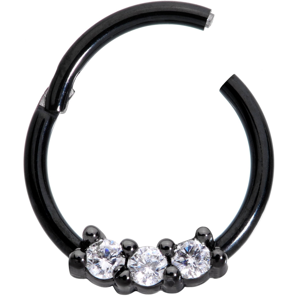 16G 3/8 Clear CZ Gem Black Trio Hinged Segment Ring