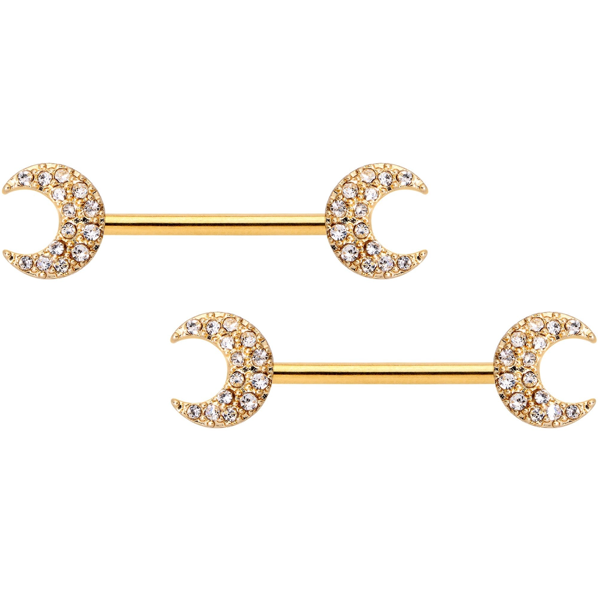14G 9/16 Clear Gem Gold Tone Crescent Moon Barbell Nipple Ring Set