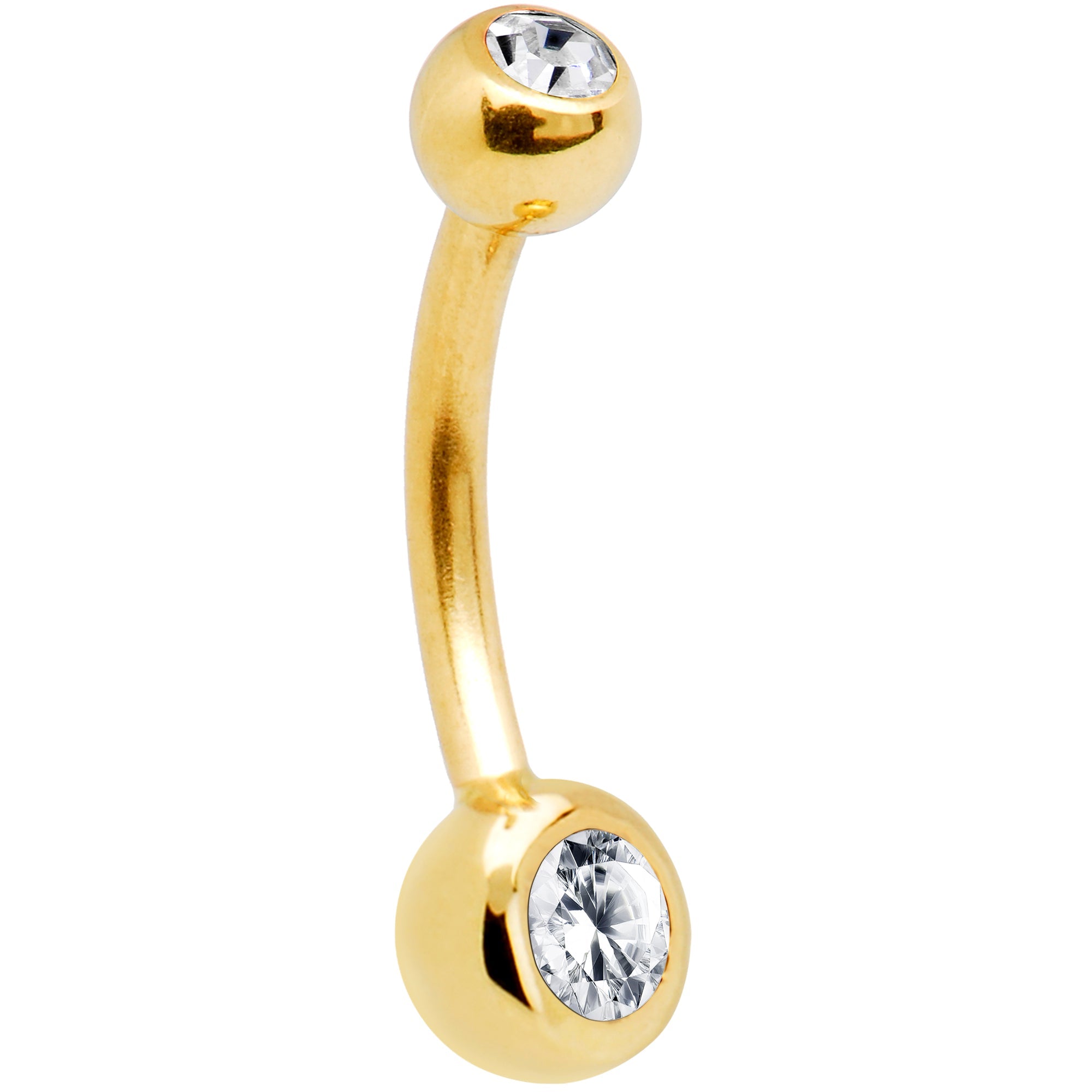 16G Solid 14K Yellow Gold Double Gem Cubic Zirconia Belly Ring