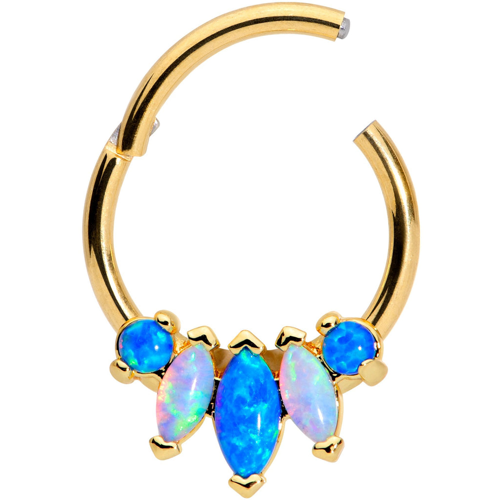 16G 3/8 Blue White Synthetic Opal Gold Tone Hinged Segment Ring