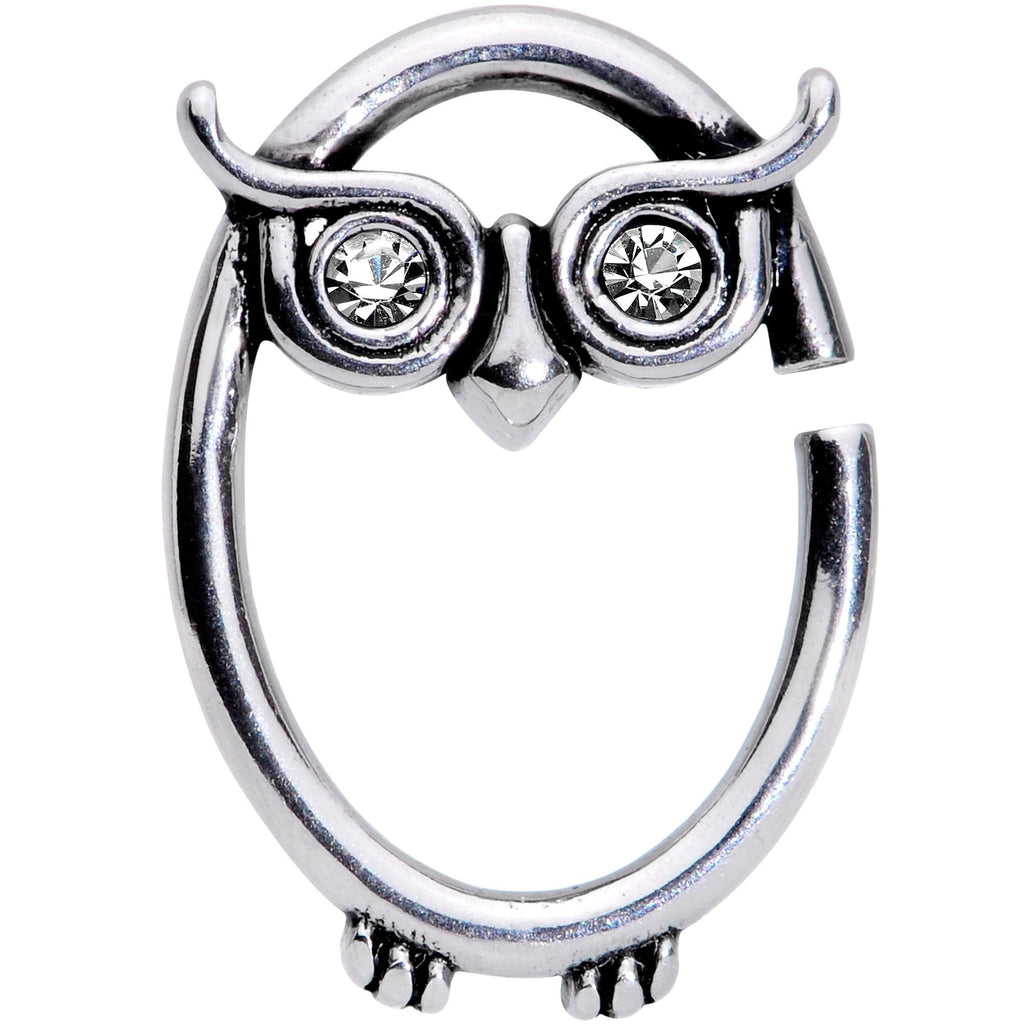 16G 3/8 Clear Cubic Zirconia Wise Old Right Owl Closure Ring