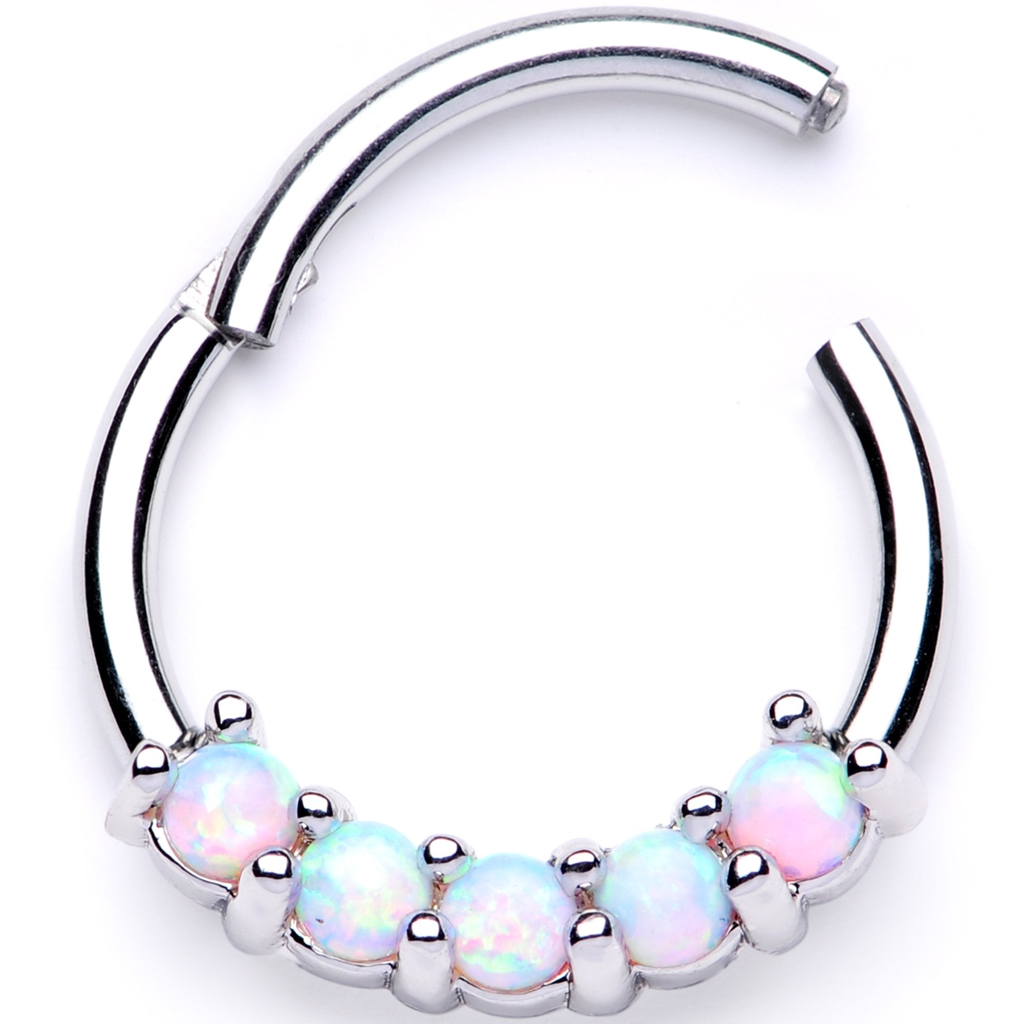 16G 3/8 White Synthetic Opal Crest Hinged Segment Ring