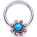 16G 3/8 Pink Gem Faux Turquoise Flower Hinged Segment Ring
